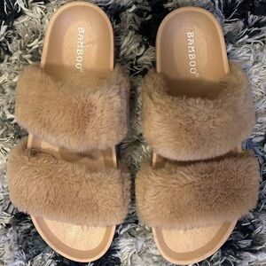 BAMBOO Tan Fuzzy Slippers
